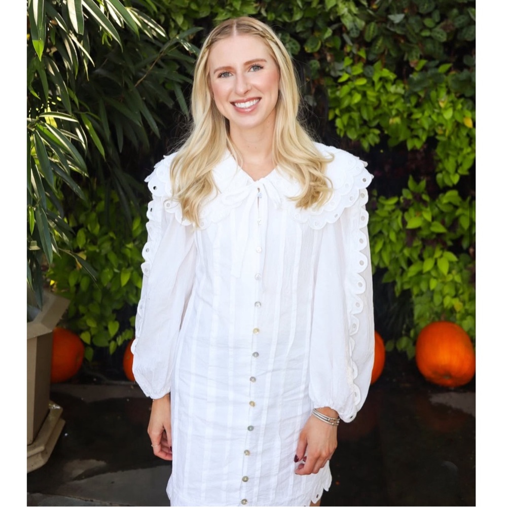 FARM RIO ANTHRO NWT White Embroidered Peter Pan Collared Long Sleeve Mini Dress - Picture 9 of 17